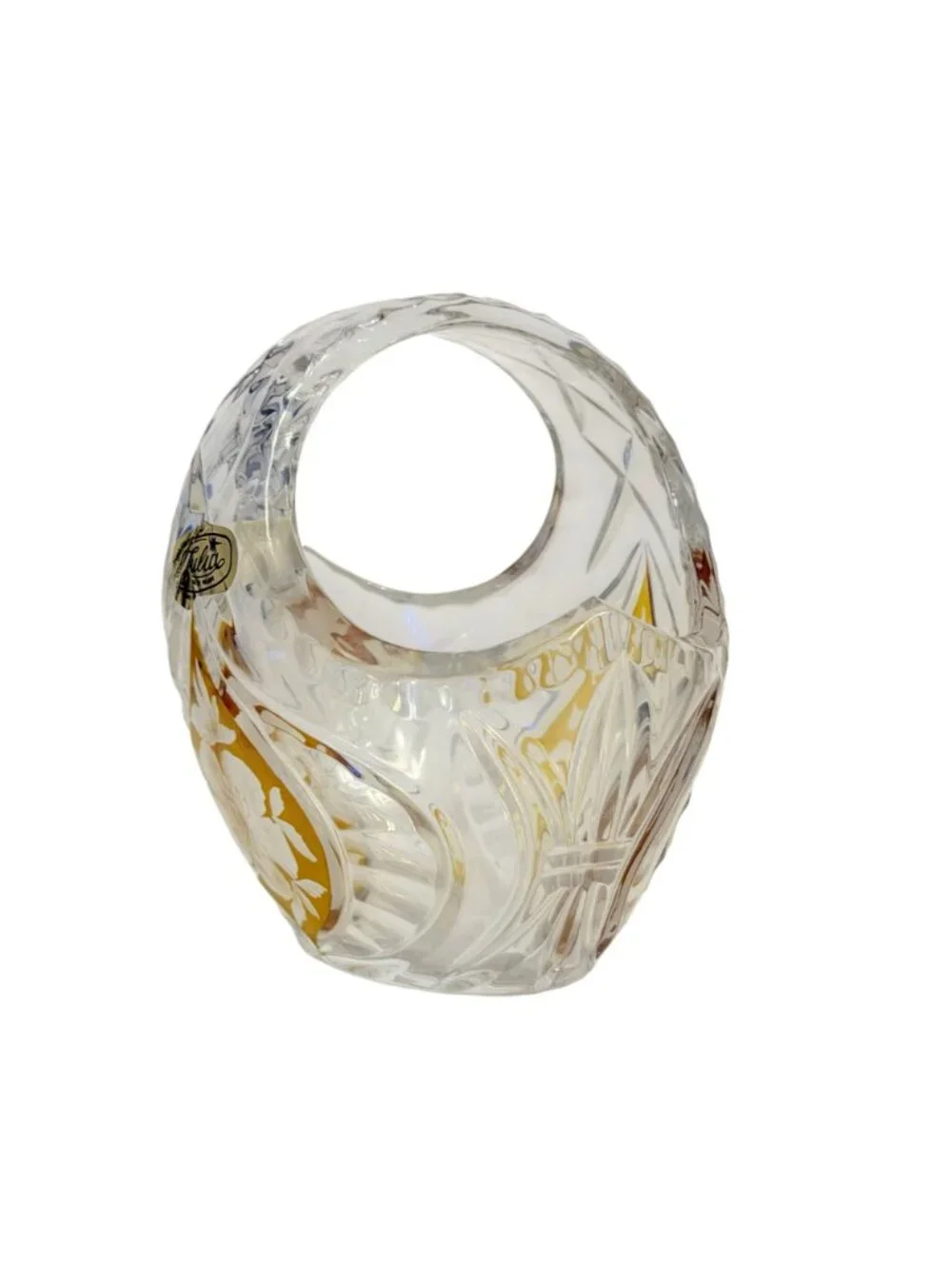 Vintage Julia Lead Crystal Basket Amber Etched Floral Made in Poland